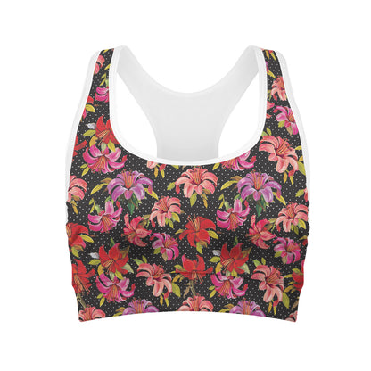 Polka Dot Lily Pattern Print Women's Sports Bra