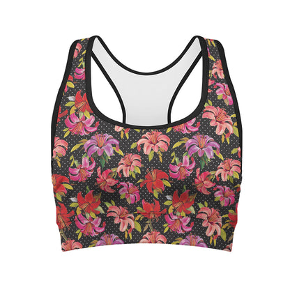 Polka Dot Lily Pattern Print Women's Sports Bra