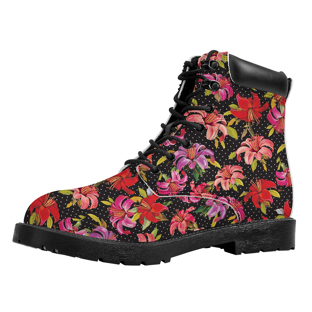 Polka Dot Lily Pattern Print Work Boots
