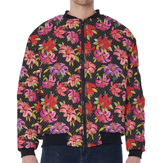 Polka Dot Lily Pattern Print Zip Sleeve Bomber Jacket