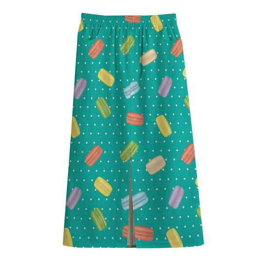 Polka Dot Macaron Pattern Print Cotton Front Slit Maxi Skirt