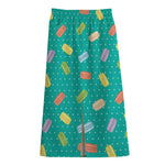 Polka Dot Macaron Pattern Print Cotton Front Slit Maxi Skirt