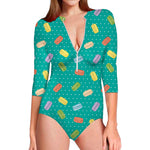 Polka Dot Macaron Pattern Print Long Sleeve Swimsuit