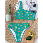 Polka Dot Macaron Pattern Print One Shoulder Bikini Top