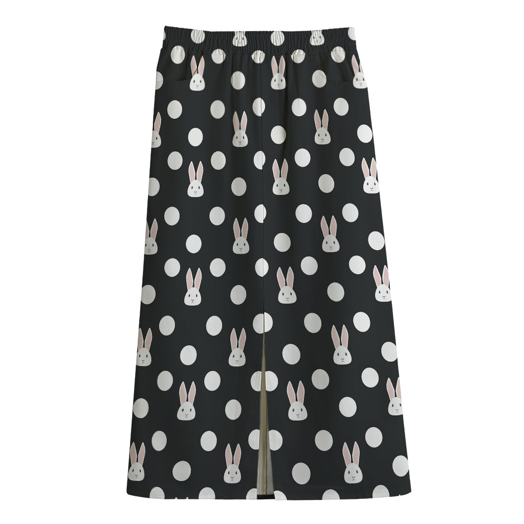 Polka Dot Rabbit Pattern Print Cotton Front Slit Maxi Skirt