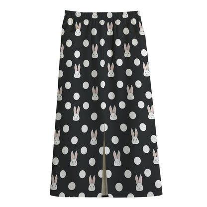 Polka Dot Rabbit Pattern Print Cotton Front Slit Maxi Skirt