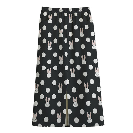 Polka Dot Rabbit Pattern Print Cotton Front Slit Maxi Skirt