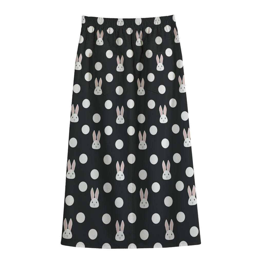 Polka Dot Rabbit Pattern Print Cotton Front Slit Maxi Skirt