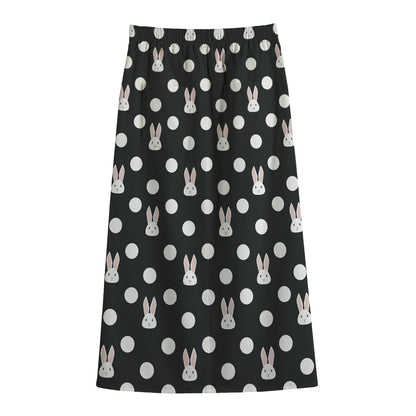 Polka Dot Rabbit Pattern Print Cotton Front Slit Maxi Skirt