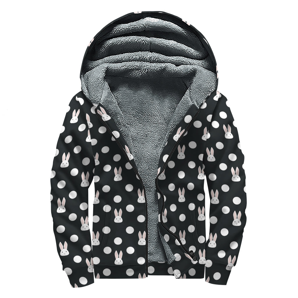 Polka Dot Rabbit Pattern Print Sherpa Lined Zip Up Hoodie