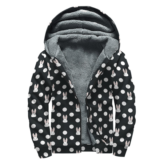 Polka Dot Rabbit Pattern Print Sherpa Lined Zip Up Hoodie