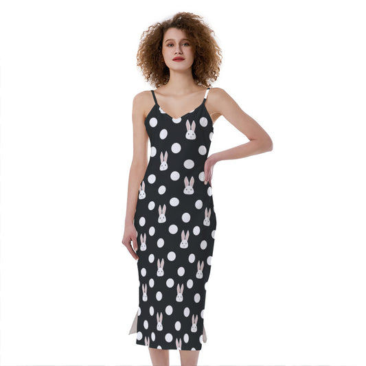 Polka Dot Rabbit Pattern Print Slim Fit Midi Cami Dress