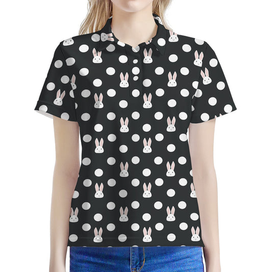 Polka Dot Rabbit Pattern Print Women's Polo Shirt