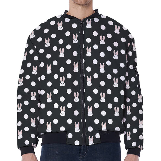 Polka Dot Rabbit Pattern Print Zip Sleeve Bomber Jacket