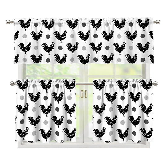 Polka Dot Rooster Pattern Print 3 Piece Kitchen Curtains
