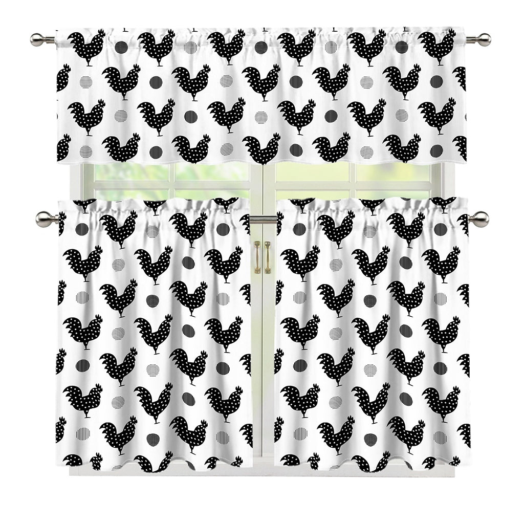 Polka Dot Rooster Pattern Print 3 Piece Kitchen Curtains