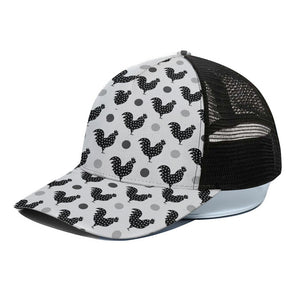 Polka Dot Rooster Pattern Print Black Mesh Trucker Cap