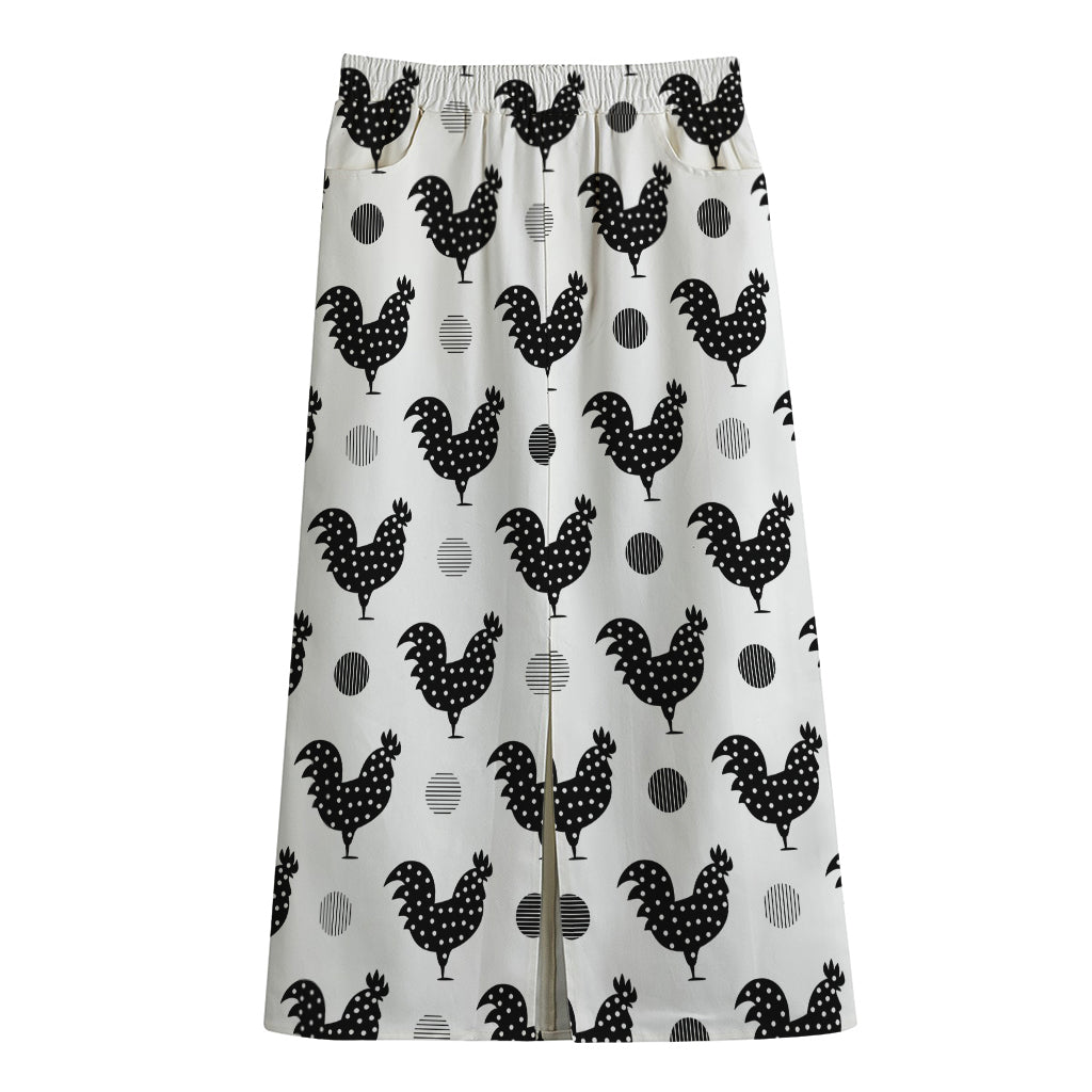 Polka Dot Rooster Pattern Print Cotton Front Slit Maxi Skirt