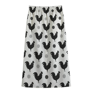 Polka Dot Rooster Pattern Print Cotton Front Slit Maxi Skirt