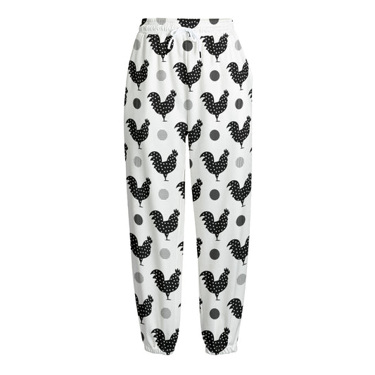 Polka Dot Rooster Pattern Print Fleece Lined Knit Pants