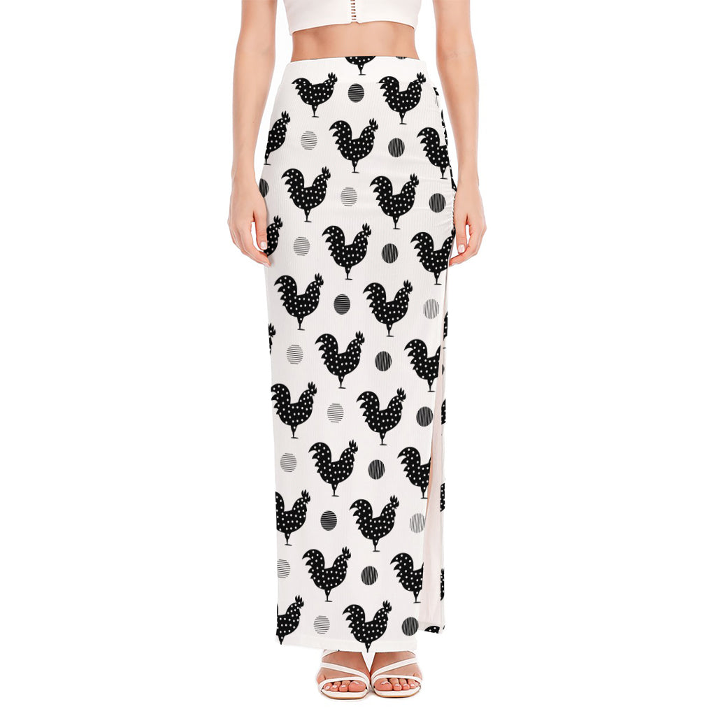 Polka Dot Rooster Pattern Print High Slit Maxi Skirt