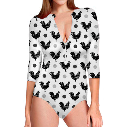 Polka Dot Rooster Pattern Print Long Sleeve Swimsuit