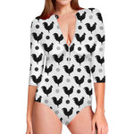 Polka Dot Rooster Pattern Print Long Sleeve Swimsuit