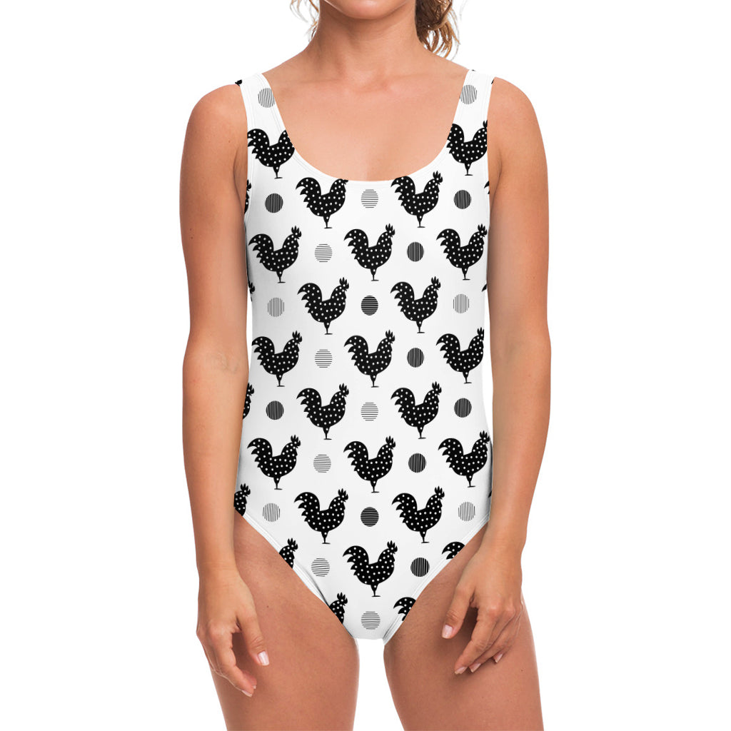 Polka Dot Rooster Pattern Print One Piece Swimsuit