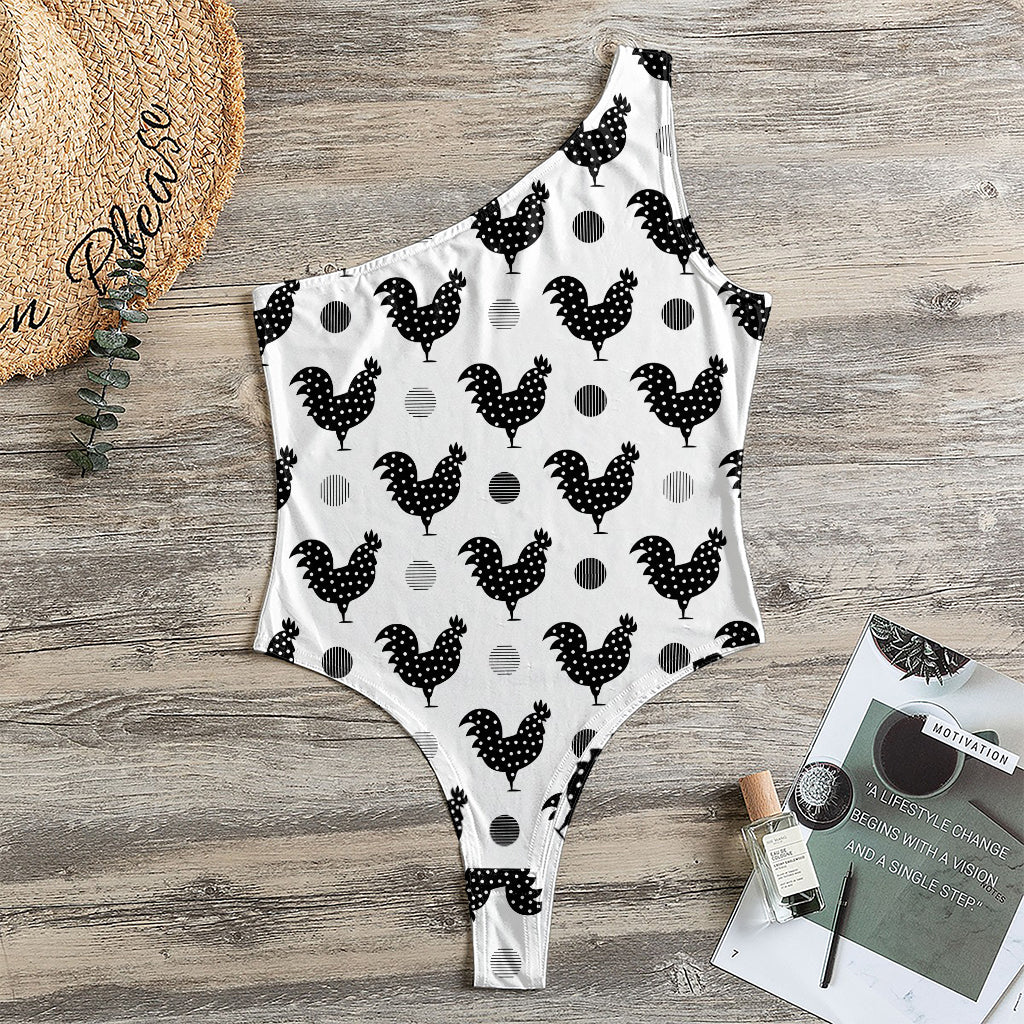 Polka Dot Rooster Pattern Print One Shoulder Bodysuit