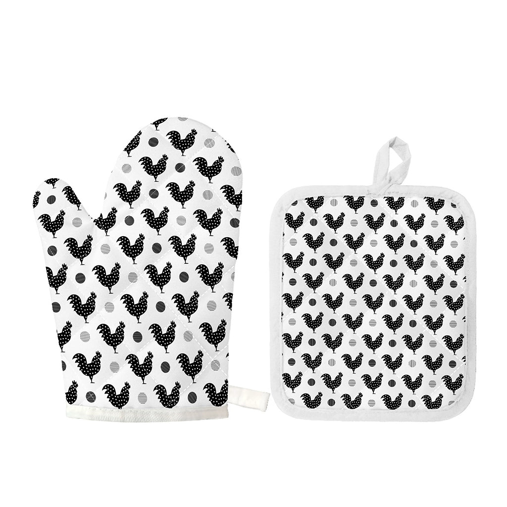 Polka Dot Rooster Pattern Print Oven Mitt And Pot Holder Set