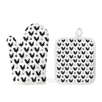 Polka Dot Rooster Pattern Print Oven Mitt And Pot Holder Set