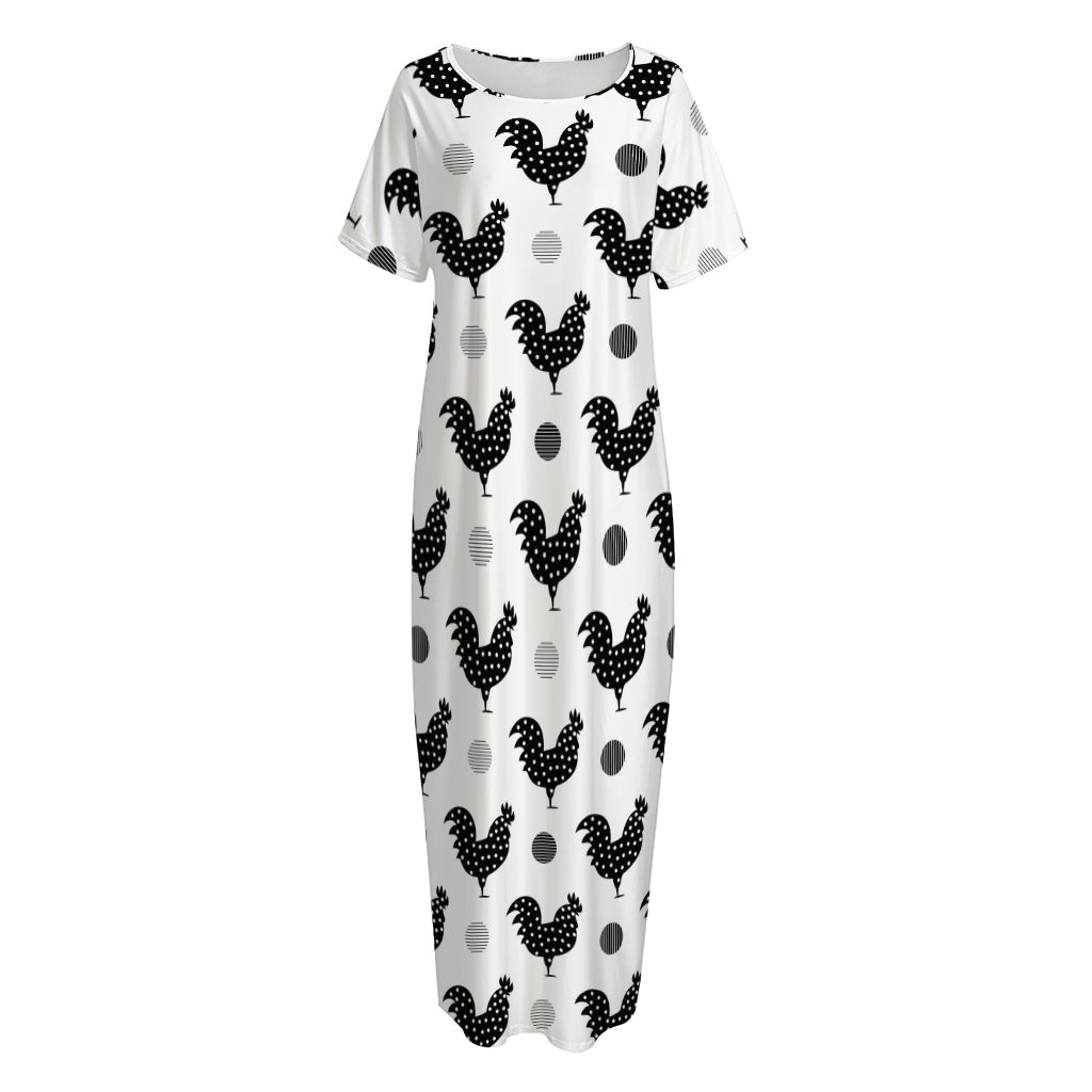 Polka Dot Rooster Pattern Print Short Sleeve Long Nightdress