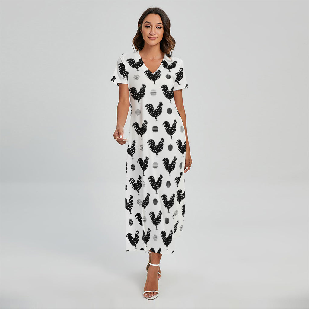 Polka Dot Rooster Pattern Print Short Sleeve Maxi Dress