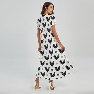 Polka Dot Rooster Pattern Print Short Sleeve Maxi Dress