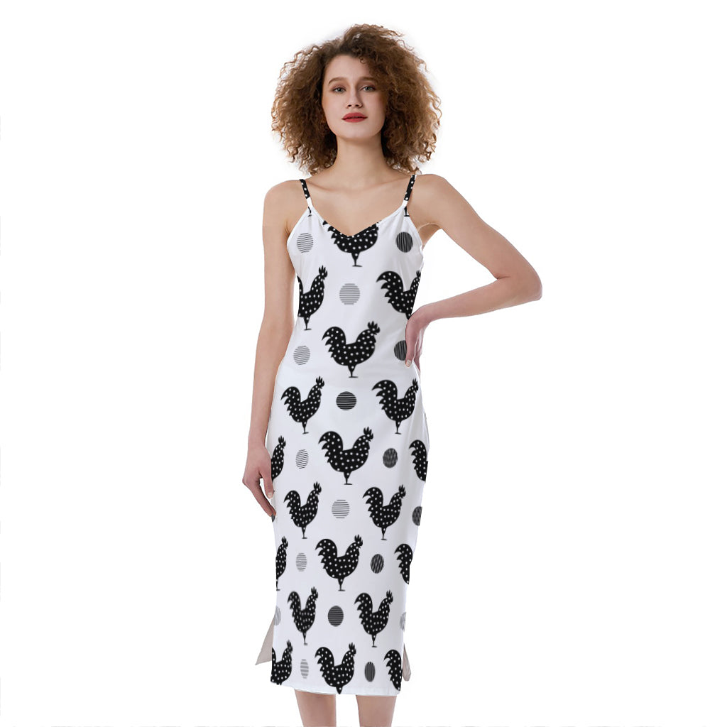 Polka Dot Rooster Pattern Print Slim Fit Midi Cami Dress