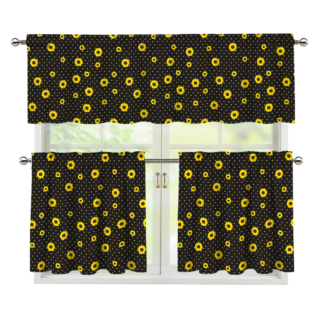 Polka Dot Sunflower Pattern Print 3 Piece Kitchen Curtains