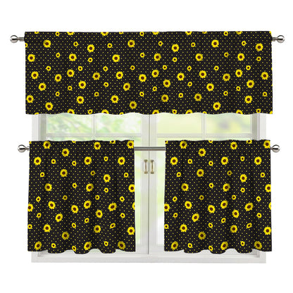 Polka Dot Sunflower Pattern Print 3 Piece Kitchen Curtains