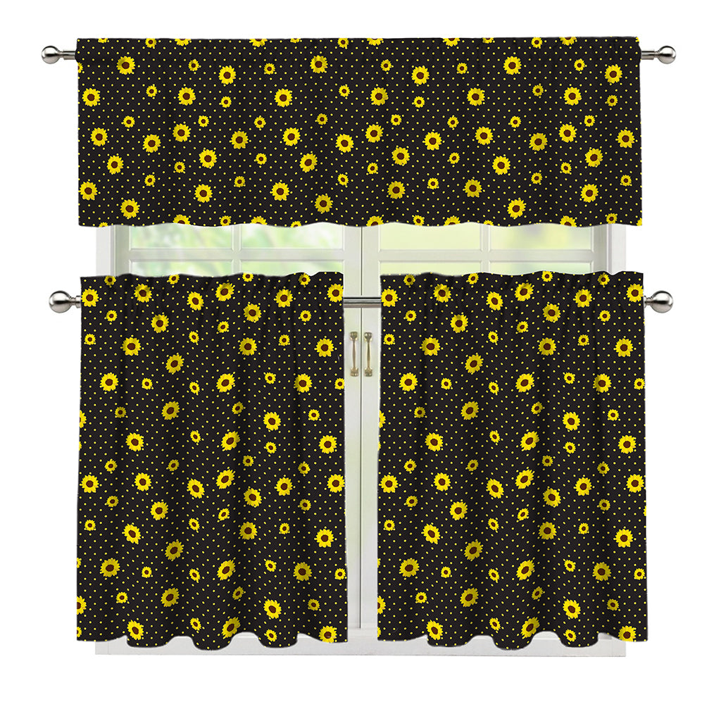 Polka Dot Sunflower Pattern Print 3 Piece Kitchen Curtains