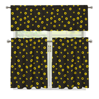Polka Dot Sunflower Pattern Print 3 Piece Kitchen Curtains