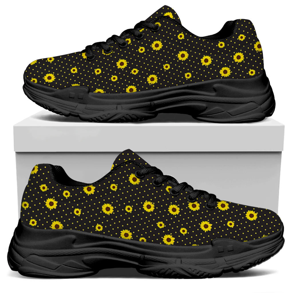 Polka Dot Sunflower Pattern Print Black Chunky Shoes