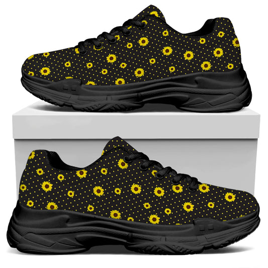Polka Dot Sunflower Pattern Print Black Chunky Shoes