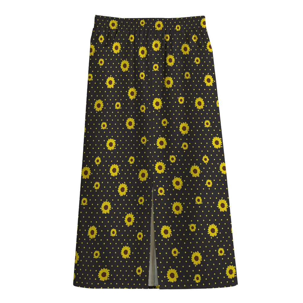 Polka Dot Sunflower Pattern Print Cotton Front Slit Maxi Skirt