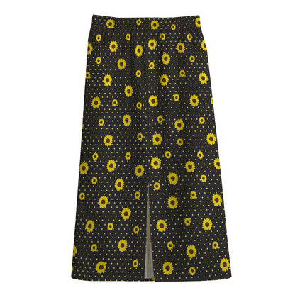 Polka Dot Sunflower Pattern Print Cotton Front Slit Maxi Skirt