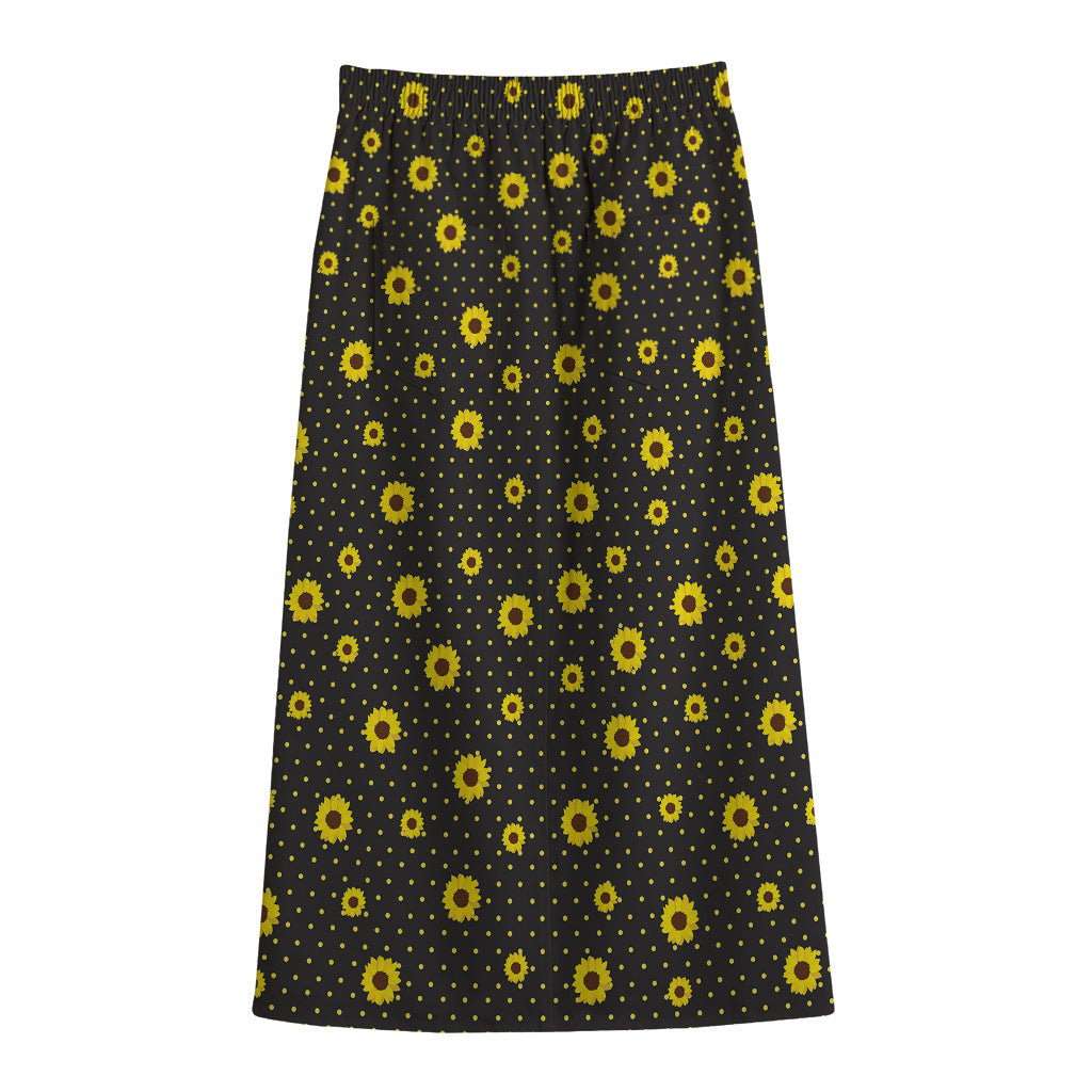 Polka Dot Sunflower Pattern Print Cotton Front Slit Maxi Skirt