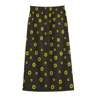Polka Dot Sunflower Pattern Print Cotton Front Slit Maxi Skirt
