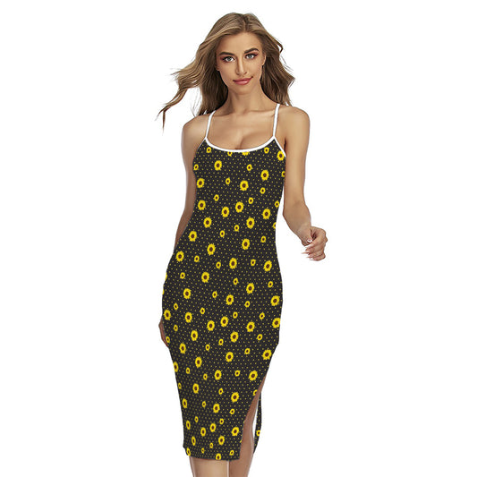 Polka Dot Sunflower Pattern Print Cross Back Cami Dress