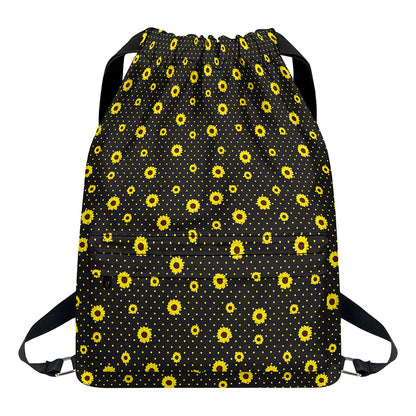 Polka Dot Sunflower Pattern Print Drawstring Backpack