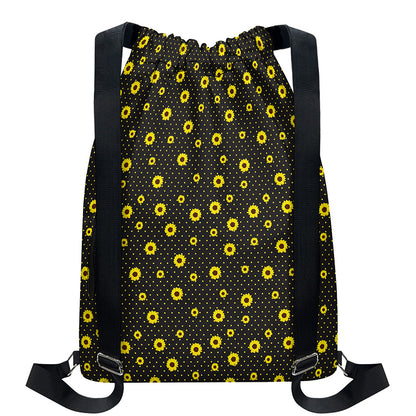 Polka Dot Sunflower Pattern Print Drawstring Backpack
