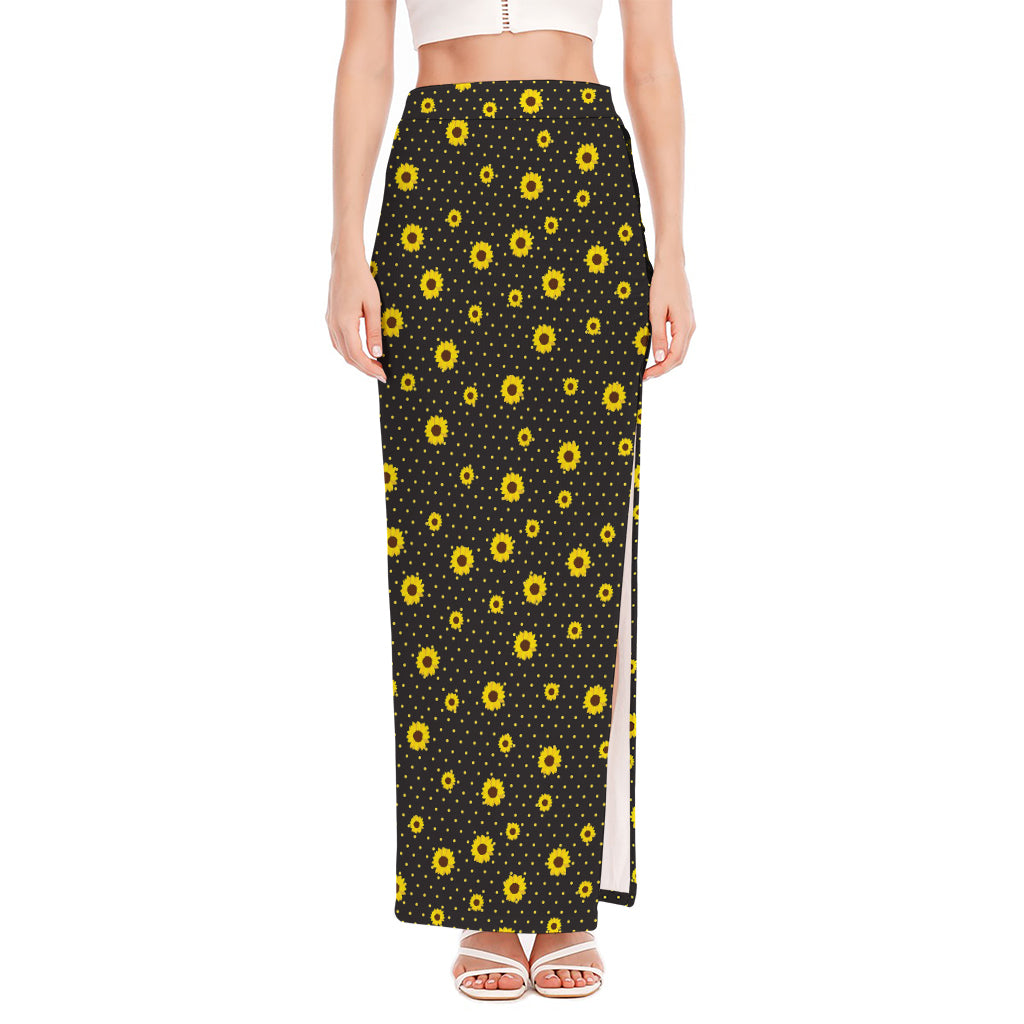 Polka Dot Sunflower Pattern Print High Slit Maxi Skirt