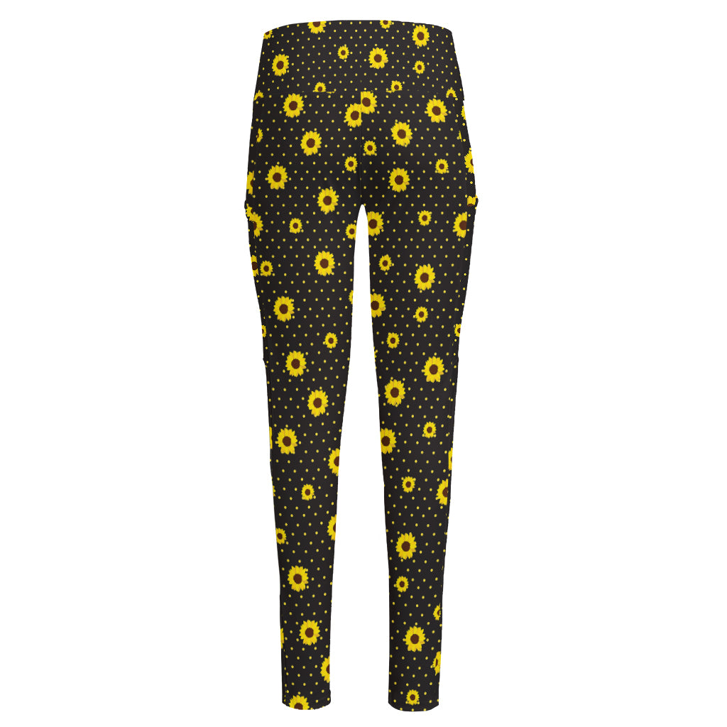 Polka Dot Sunflower Pattern Print High-Waisted Pocket Leggings